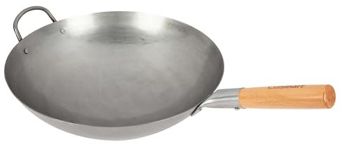 Cuisinart 14” Carbon Steel Hammered Wok, Traditional Round Bottom, Stir Fry Pan with Wooden & Helper Handle for Authentic Asian Cuisine, Wok Hei Cooking Perfect for Stir-Fry, Sauté & Deep Fry
