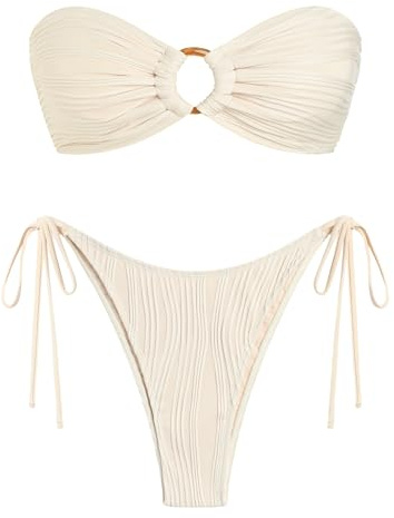 ZAFUL Women's Bandeau Bikini Strapless O Ring Lace Tie Back High Cut Two Piece Swimsuit Bathing Suits(5-Beige,S)