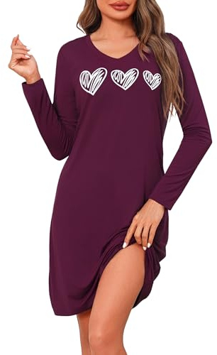 Marvmys Women's Nightgown Long Sleeve Nightdresses for Women Cotton Nightgown V-Neck Loose Dress Sleepwear Dark Purple