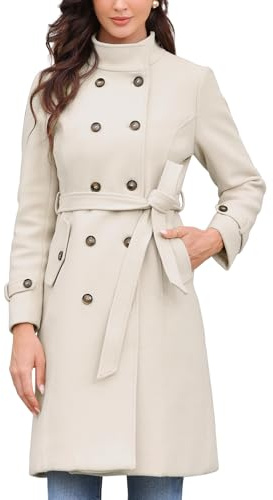 Allegra K Trench-Coat Croisé Femme Double Boutonnage Col Montant Caban Élégant Ceinturé avec Poches Manteau D'Hiver à Manches Longues Beige M
