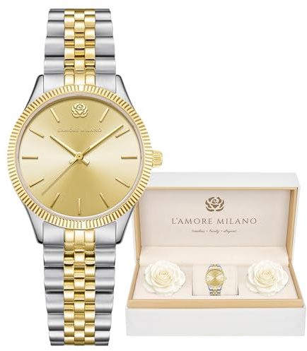 L'AMORE MILANO Montre Femme - Coffret Cadeau avec des Roses - Montre-Bracelet de Haute qualité étanche 5 ATM - Idee Cadeau élégant pour Femme, Amie, mère - Montre 32mm Acier Inoxydable