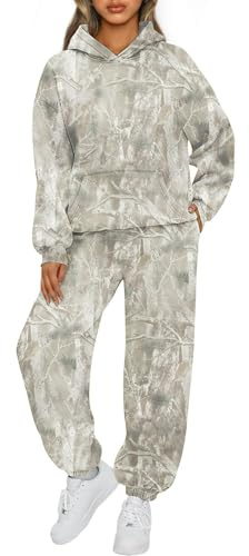 TERIVEEK Camo Sweatsuits for Women 2 Piece Outfits Maple Leaf Print Hoodie Sweat Sets Pants Camouflage Tracksuits Lounge sets, Khaki Grey, Medium