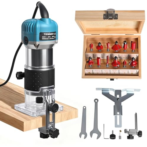 Överfräs kantfräs 800 W handfräs, 30 000 varv/min – 6-stegs varvtalsreglering, inkl. 12-delad frässats (6,35 mm), 2 nycklar, rak och kantstyrning, trimmerbas, träfodral, 220 V