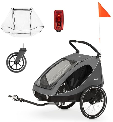 hauck Drky Duo + Regenschutz, Grey - 2in1 Kinderwagen & Fahrradanhänger für 2 Kinder ab 6 Monaten, Zwillings- & Geschwisteranhänger bis 2×22 kg, Luftreifen, Höhenverstellbarer Schieber, Faltbar