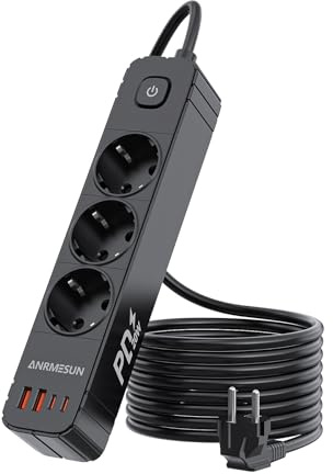 ANRMESUN 3-vägs strömförsörjning, multipel strömuttag med 2 USB A och 2 USB C (PD20W), med överspänningsskydd, strömbrytare och 2 m kabel, strömuttag, väggmonterad, för hem och kontor