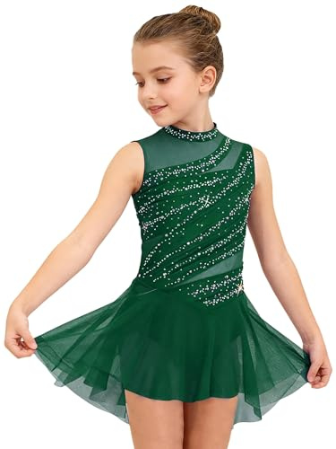 FEESHOW Kids Girls Lyrical Dance Dress Rhinestone Ballet Skirted Leotard Sleeveless Modern Contemporary Dancewear Dark Green 7-8 Years