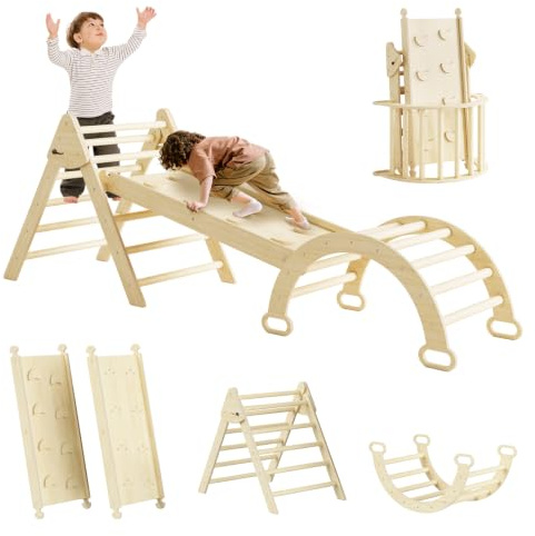 EXPERLAM Pikler Triángulo Set 7 en 1 plegable Pikler Escalada Set Madera Niño Juguete de Escalada Interior Juguete de Escalada para Niños Pequeños 1-3 Interiores, Baby Indoor Playground Jungle Gym