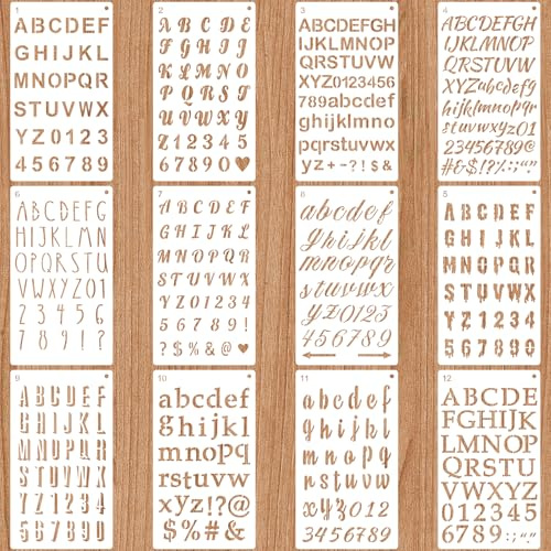 Letter Stencils 12 Pack, Reusable Alphabet and Number Stencils for Painting, DIY Craft Stencil Letters for Kids, Calligraphy, Drawing, Sign Making, Scrapbook Decor