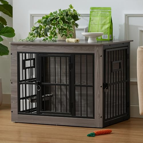 Gardner Pet Hundebox für Zuhause, 83cm Hundekäfig Möbel, Moderne Hundehütte Indoor mit 3 Türen und verstellbaren Näpfen, Hundehaus aus Metall und Holz für mittlere Hunde, Grau, 83x58x65 cm