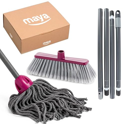 Maya - Set de Limpieza Atomic para el Hogar 3 en 1, Fregona, Escoba y Palo Desmontable con 4 Secciones (1,4 m) | Kit 100% Microfibra para Suelos Lisos (Burdeos)