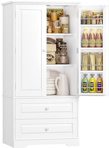 FOREHILL Alacena Cocina Aparador Comedor Mueble Auxiliar de Cocina Armario Despensa Mueble Almacenaje, 2 Estantes Ajustables por Puerta, 2 Cajones para Salón Comedor, Blanco, 60x40x120cm