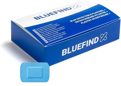 BLUEFIND - Cerotti rilevabili in metallo di grandi dimensioni, 50 x 72 mm, resistenti all'acqua – bendaggio sterile, bendaggio per ferite sterile, blu visibile, scatola di plastica – cerotti per dita