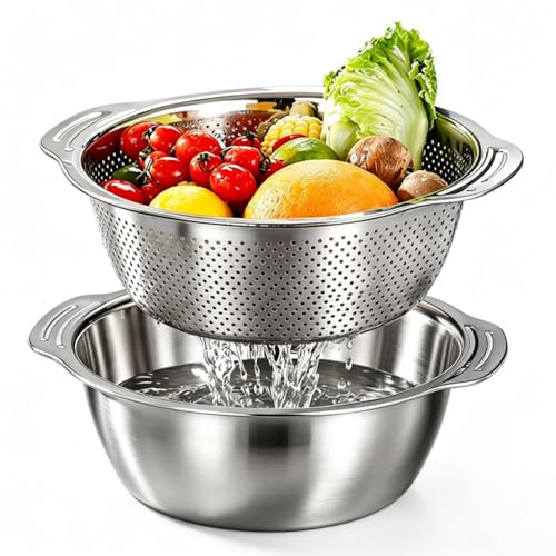 Edelstahl Seiher, Küchensieb Set 27cm mit Griffen Nudelsieb Sieb Edelstahl Rührschüssel Abtropfsieb Metallsieb Reis Waschschüssel zum Waschen Obst Gemüse Spülmaschinenfest