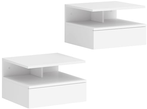HOMCOM Juego de 2 Mesitas de Noche Flotantes con Cajón 35x32x22,5 cm Blanco