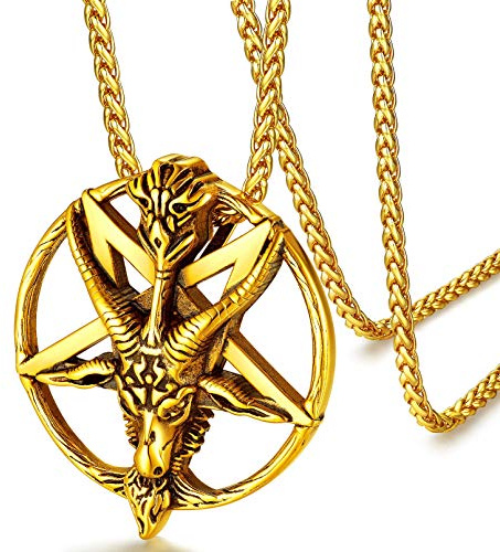 FaithHeart Collana con Pentacolo Invertito Baphomet Ciondolo Satanico Testa di Capra/Pentagramma Satana Sulfuro Occulto Alchimia Inversa Leviatano Croce Acciaio/Oro/Nero + Catena Regolabile