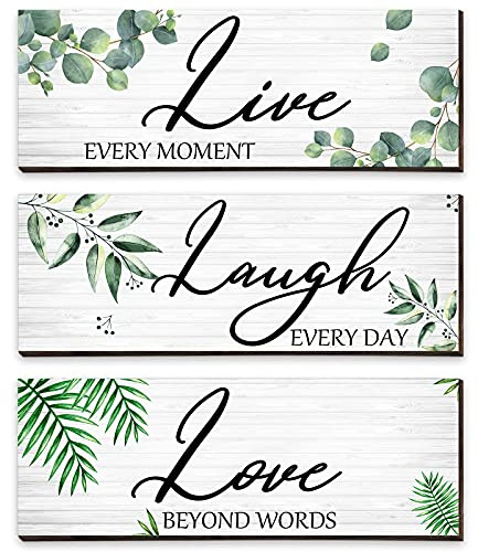 3 letreros de madera con texto en inglés Live Laugh Love, hojas de eucalipto, letrero botánico de hojas verdes, placa de madera colgante, citas familiares, decoración rústica de pared para el hogar