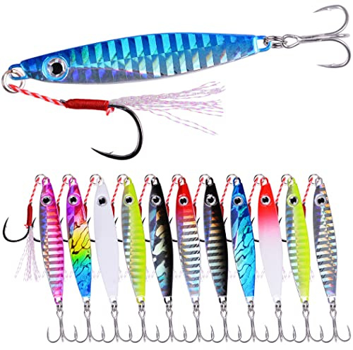 Aorace 12pcs 40g 8.5cm Metal Jigs Saltwater Fishing Lures Jigging Spoon Lures Kit for Long Casting Surf Fishing Slow Vertical Casting Artificial Lead Jigs Assortment for Bass Sea Trout