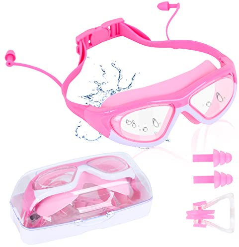 Jodsen Lunettes de Natation,Lunettes Natation Anti-buée avec Bouchons d'oreille, Pince-nez, Protection UV Lunettes de Plongée avec Sangle en Silicone Réglable pour Garçons, Filles (Rose)