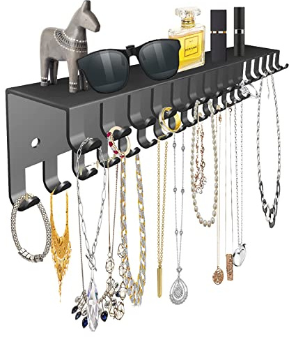 Conwithna Necklace Jewelry Holder Wall Hanging Organizer Hangers Storage Mounted Shelf with 56 Hooks Tray Display Girls Women Metal Door Earring Mount Key Chains Rack (Black)