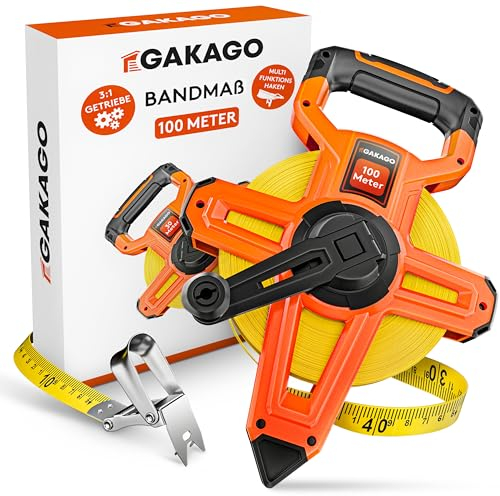 Gakago Cinta métrica 100m - Cinta métrica enrollable de 3 pliegues con palanca de plegado - Mango de cinta métrica ergonómico y antideslizante - Rollo de cinta métrica con punta marcadora