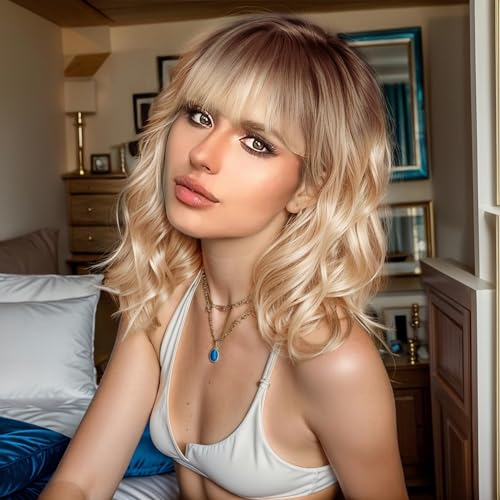 WOKESTAR Bob Parrucche con Frangia Ordinata, Parrucche Sintetiche Ricci Ondulate per Donne Colore Bionde con Radici Scure