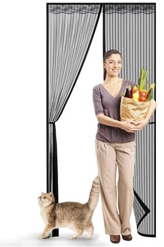 Magnetic Fly Screen Door, Fly Screens for Doors with Powerful Magnets, Heavy Duty Door Screen with Full Frame Magic Tape, Auto Closer, Keep Bugs Out, 90 x 210cm/ 35.4 x 82.6 (with Lace, Black)