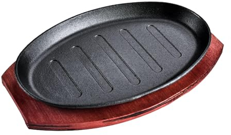MagiDeal Plancha para freír Carne, sartén para Parrilla Teppanyaki con Bandeja de bambú, Plato para Servir Carne, sartén para Fajita para Cocina, Utensilios de, 8 Pulgadas