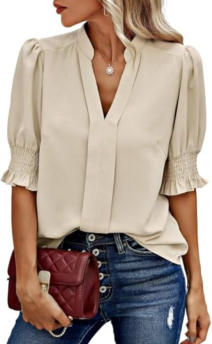 Arevill Chemisier d'été élégant pour femme, col en V, manches courtes, volants, couleur unie, décontracté, tunique pour le bureau et les loisirs, beige, M