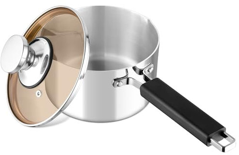 Stielkasserolle 16cm, Onader 3-Lagen Edelstahl Milchtopf Kasserolle mit Glasdeckel, 1,9L Klein Kochtopf Induktion für Alle Herdartenl, Ungiftig & Gesund, Hochglanzpoliert & Spülmaschinenfest