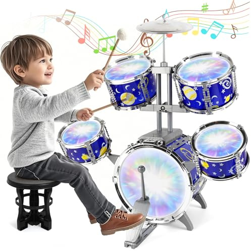 Batteria Giocattolo per Bambini Jazz Drum Kit, Giocattoli musicali luminosi per 3 4 5 Anni, Toddler Drum Set con sgabello 5 Tamburi Strumenti Musicali a Percussione per Ragazzi Ragazze