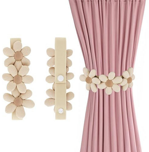MBAIYO 2 Stück Vorhang Raffhalter, Blumen Gardinen Raffhalter Elastisch Vorhang Halter mit Verstellbaren Riemen Süße Boho Dekorative Vorhanghalter Beige Gardinen Seil für Haus Büro Kinderzimmer