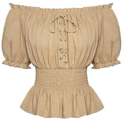 SCARLET DARKNESS Haut en coton style Renaissance pour femme, été, volant, épaules dénudées, manches bouffantes, lacets, smocké, blouse kaki XXL