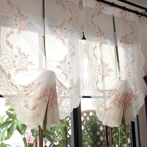 A.Monamour Tenda Corta per Finestra Piccola Tende A Pacchetto Roman Shades Pizzo Voile Trasparente Con Ricamo Floreale Tenda a Pannello a Vetro da Cucina Bistrot Caffè Mezza Mantovana Tendina