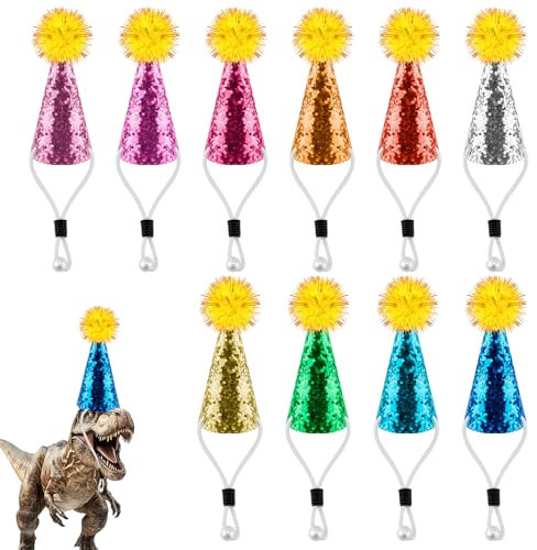 BOXOB 10pz Mini Cappellini da Compleanno per Animali di Peluche, Riutilizzabili a Forma Cono Glitterato Pompon Glitterati Costumi Compleanno per Animali Giocattolo Cani e Gatti (10 Colori)