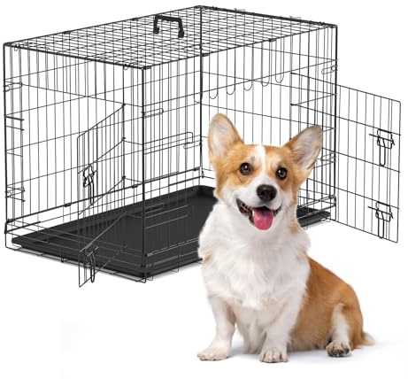 The Fellie Medium Dog Crate, Dog Cages Medium Size with Removal Base Tray, Collapsible Thickened Cat Iron Crate,35-Inch Training Cage Animal Carrier, Portable Metal Dog Travel Crate