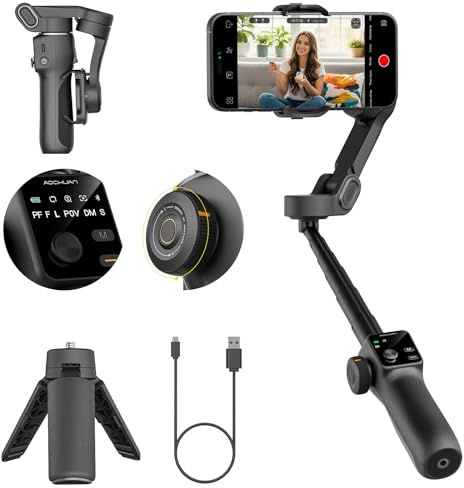 AOCHUAN 3-Axis Gimbal Stabilizer for iPhone, Smartphone Gimbal w/7.8 Extension Rod, OLED Display, Phone Stabilizer w/Face Tracking, Gesture Control, Video Record for iPhone & Android - Smart V8 Black
