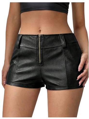 GORGLITTER Women's PU Leather Zipper Front Mini Shorts Low Waist Skinny Party Hot Pants Concert Outfits Black Medium