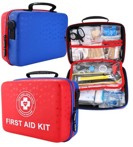 Large First Aid Kit - 410 Piece Dual-Color Emergency Kit with Hard Shell & Fluorescent Interior Coating, Professional Survival Kit for Home, Car, Travel, Hiking & Outdoor(Red/Blue)