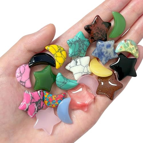 HIVTE Lot de 20 Pierres Précieuses Polies en Forme d'Étoile et Lune, Kit de Cristaux pour Méditation et Énergie Reiki, Quartz Naturels Décoratifs, Cadeau Femme