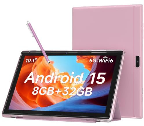 10 Inch Android 15 Tablet, 8GB RAM 32GB Storage Tablets, 10.1 HD IPS Display, 5G WiFi-6, Tablets with 6000mAh Battery, Dual Camera for Video Call, Android Tablet with Case & Stylus Pen for Work/Study