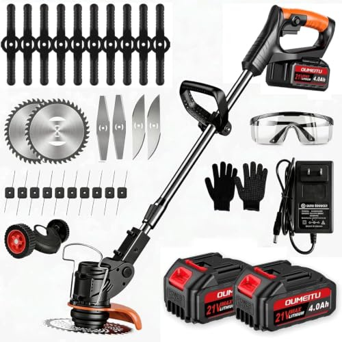 Débroussailleuses Electrique sans Fil, Coupe Bordures sans Fil a 2 21V 4.0Ah Batterie et Chargeur Rapide & 4 Types Lames, Debrouissalleuses a Batterie pour Tondre Les Pelouses du Jardin Pelouse Ferme