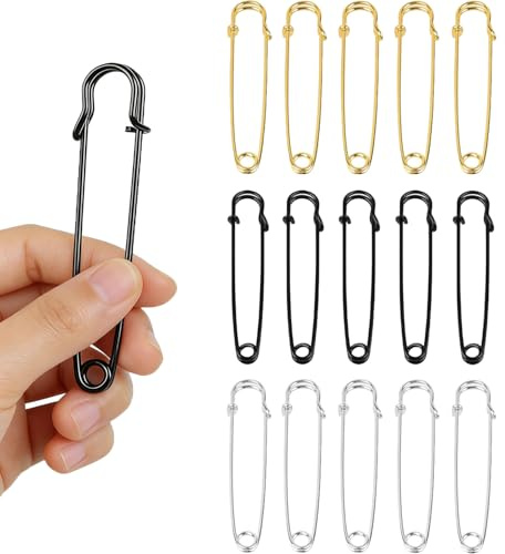 15 Spille di Sicurezza Grandi, Spilla da balia (Aggiornato), Extra Large con Chiusura a Molla, per Cuoio, Coperte, Artigianato, Vestiti, Sciarpe, Gonne (Argento Oro Nero)