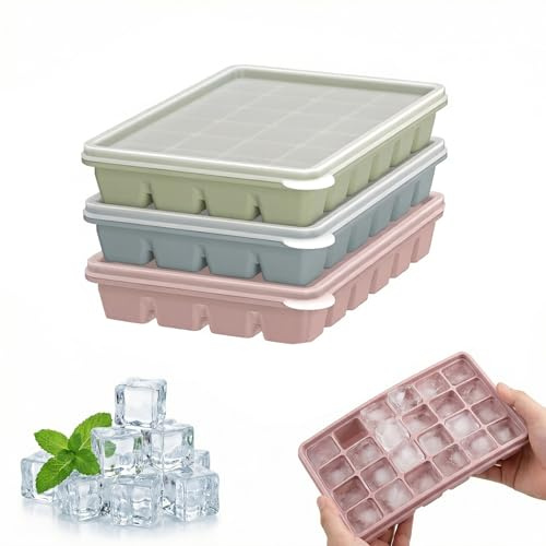 3-pack iskubsbricka med lock, stapelbara iskubsformar i silikon | Återanvändbar och BPA-fri fyrkantig iskubsform för whisky cocktail kaffe babymat, lättfrigörande och diskmaskinssäker