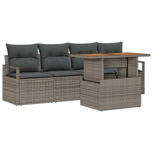 QJBSAVVA Set di mobili da giardino da 5 pezzi, in rattan sintetico e legno di acacia, set lounge con funzione di stoccaggio, gruppo di sedute con cuscini e tavolo da giardino per terrazza e balcone