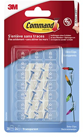 Command Clip decorative, confezione da 20 mini ganci e 24 piccole strisce adesive, trasparenti - clip da appendere per decorazioni e lucine, adesivo da parete - da appendere senza danni, piccole