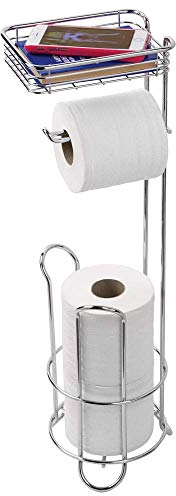 iDesign Classico Portarrollos de papel higiénico de pie, dispensador de papel de baño de metal con estante de apoyo, plateado