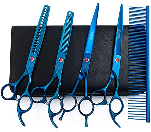 Moontay Ensemble de ciseaux de toilettage professionnels pour chien de 17,8 cm, 8 en 1 droits, incurvés, effilés, ciseaux à arête de poisson avec peigne, ajusteur de tension, chiffon de nettoyage et