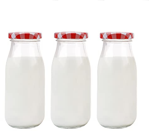 Danmu Art 3Pcs 250ml Glass Milk Bottles with Pretty Gingham Lids, Small Glass Jars for Decoration - Little Milk Juice Bottles (Red-Gingham)