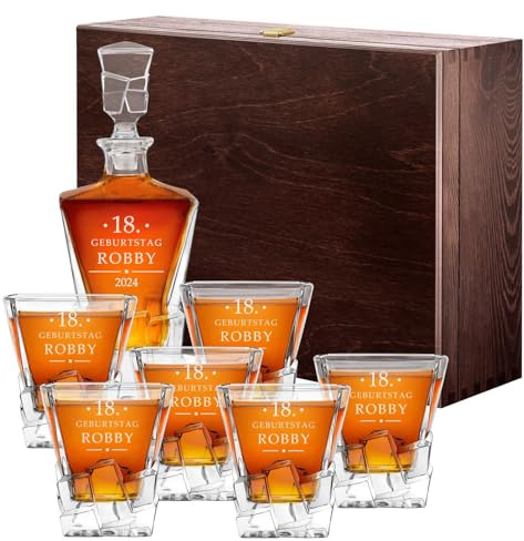 Maverton 950 ml Whiskey Karaffe + 6er Whiskygläser Set mit Gravur - Whisky Dekanter - luxuriöses Design - Kristallglas - für Männer zum Geburtstag - Weihnachtsgeschenke - Jahr