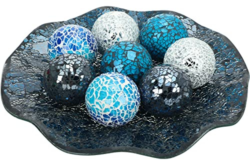 Suclain Centerpiece Bowl and Decorative Balls Set 8 Pcs Table Mosaic Plate with 2.4 Inch Glass Mosaic Orbs Glass Turquoise Tray and Spheres for Centerpiece Table Home Vases Decor(Multicolor)